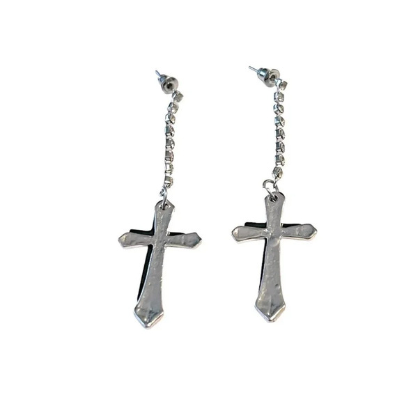 Wholesale 12 Pairs Rhinestone Cross Earrings Pierced Post Dangle Silver Black - Picture 3 of 4